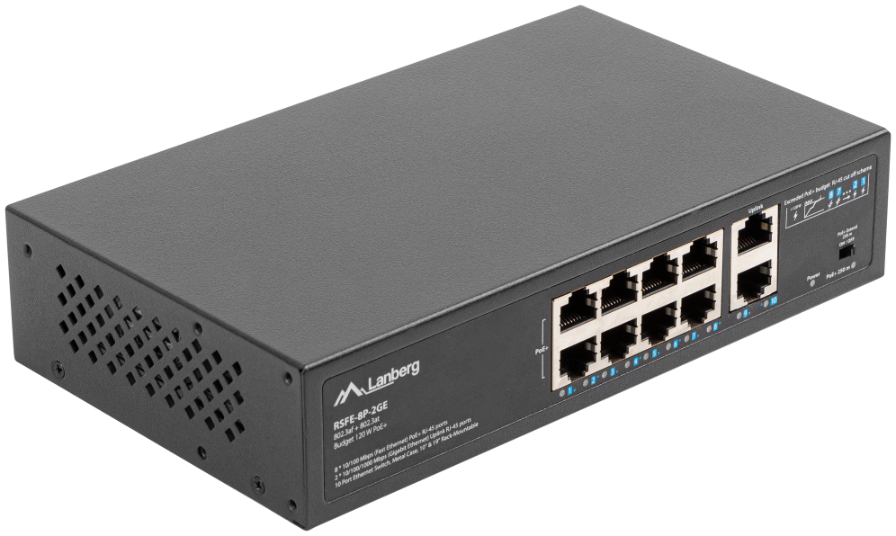 SWITCH LANBERG 10 PTOS 100MB 8xPOE+/2x GBIT ETHER 120W RACK 10"/19" - detalle