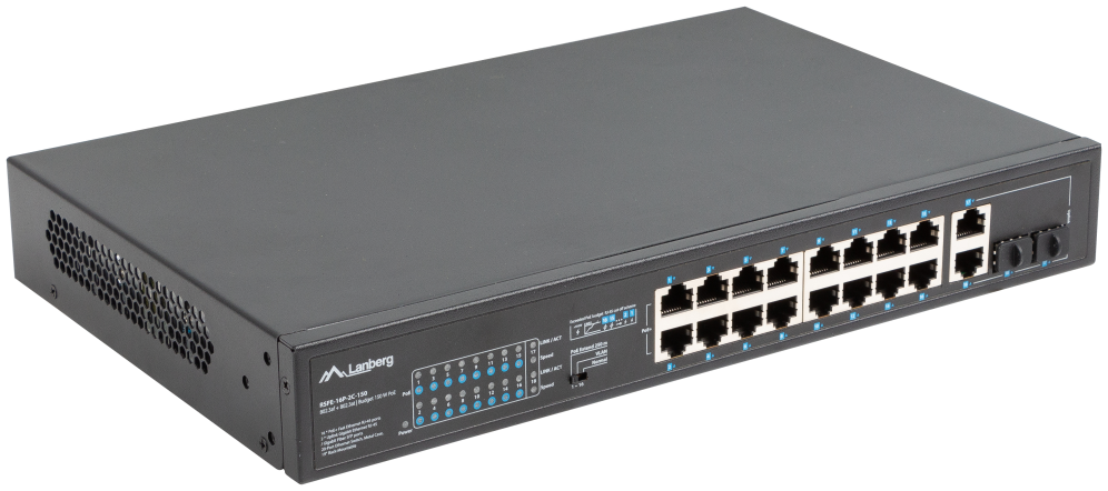 SWITCH LANBERG 18 PTOS 100MB 16xPOE+/2x GBIT ETHER 150W RACK 10"/19" - detalle