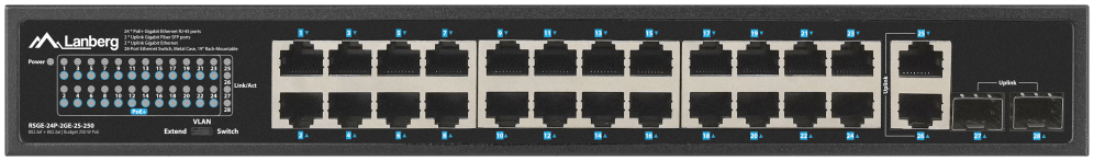 SWITCH LANBERG 24 PTOS 1GB POE+/2X SFP 2X GBIT ETHERNET 250W RACK 19" - detalle