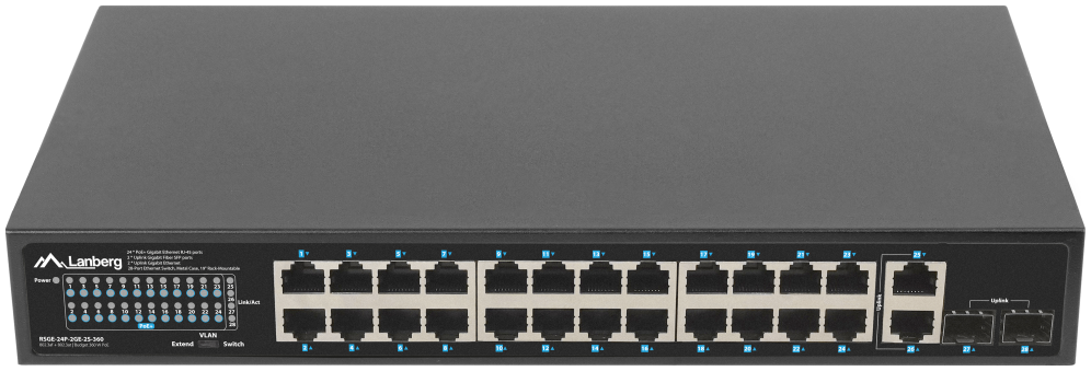 SWITCH LANBERG 24 PTOS 1GB POE+/2X SFP 2X GBIT ETHERNET 360W RACK 19" - detalle