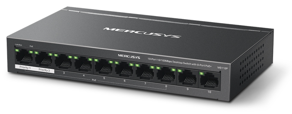 SWITCH MERCUSYS MS110P 10 PUERTOS 10/100MBPS Y 8 PUERTOS POE+ - detalle