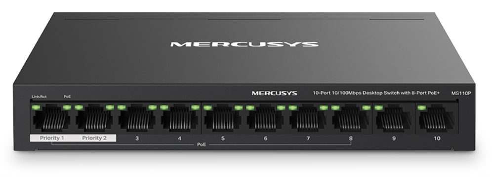SWITCH MERCUSYS MS110P 10 PUERTOS 10/100MBPS Y 8 PUERTOS POE+