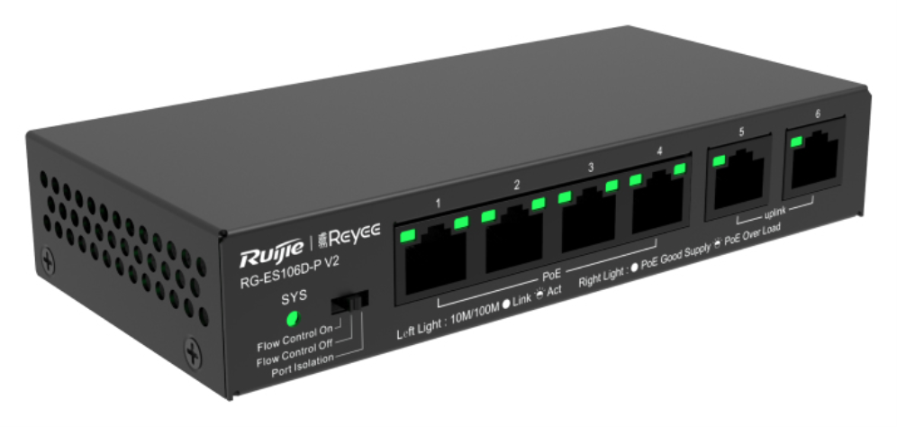 SWITCH RUIJIE REYEE RG-ES106D-P V2 10/100 6p POE AF/AT - detalle