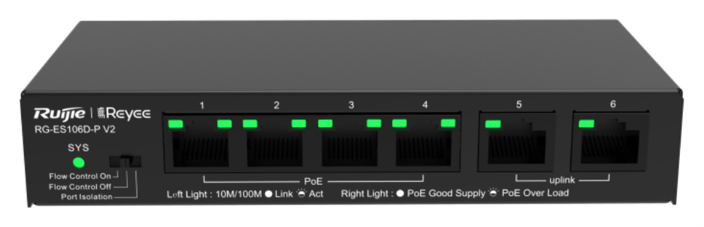 SWITCH RUIJIE REYEE RG-ES106D-P V2 10/100 6p POE AF/AT - detalle