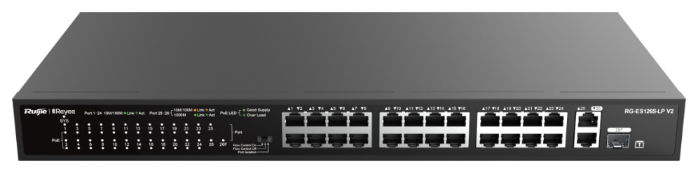 SWITCH RUIJIE REYEE RG-ES126S-P V2 10/100 24p GIGA 2p POE 180w - detalle