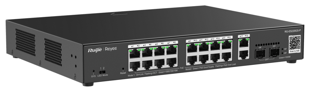 SWITCH RUIJIE RG-ES220GS-P 20 PUERTOS GIGABIT POE 16 POE2 2RJ45 - detalle