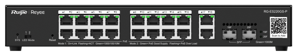 SWITCH RUIJIE RG-ES220GS-P 20 PUERTOS GIGABIT POE 16 POE2 2RJ45