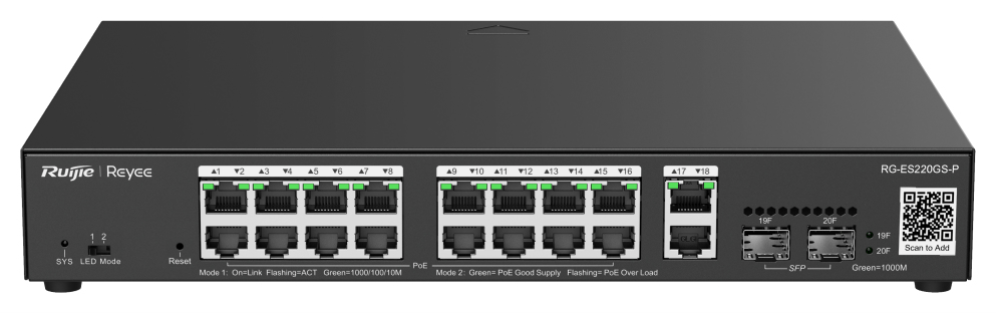 SWITCH RUIJIE RG-ES220GS-P 20 PUERTOS GIGABIT POE 16 POE2 2RJ45 - detalle