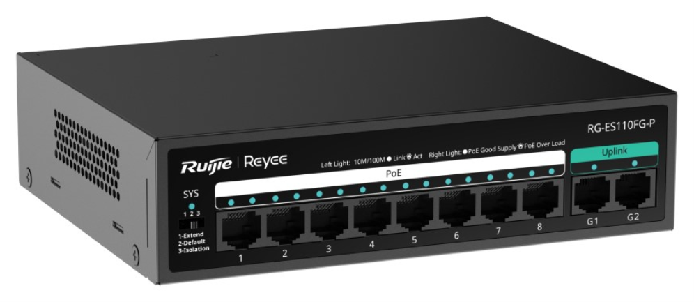 SWITCH RUIJIE UNMANAGED 8 RJ45 POE 1 SFP COMBO - detalle