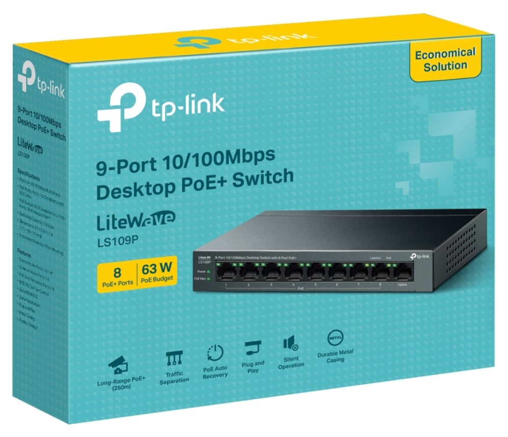 SWITCH TP-LINK LS109P 9 PUERTIOS 10/100 8 PUERTOS POE+ - detalle