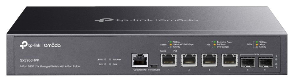 SWITCH TP LINK OMADA TL-SX3206HPP/L2+, 4x10G POE++, 2xSFP+, 1xConsolaRJ45, 1xC