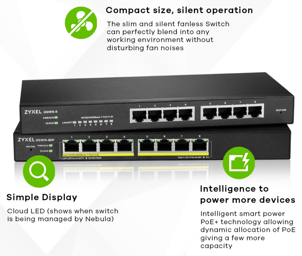 SWITCH ZYXEL GS1915-8EP 8-PORT GBE POECPNTSMART HYBRID MODE SWITCH - detalle