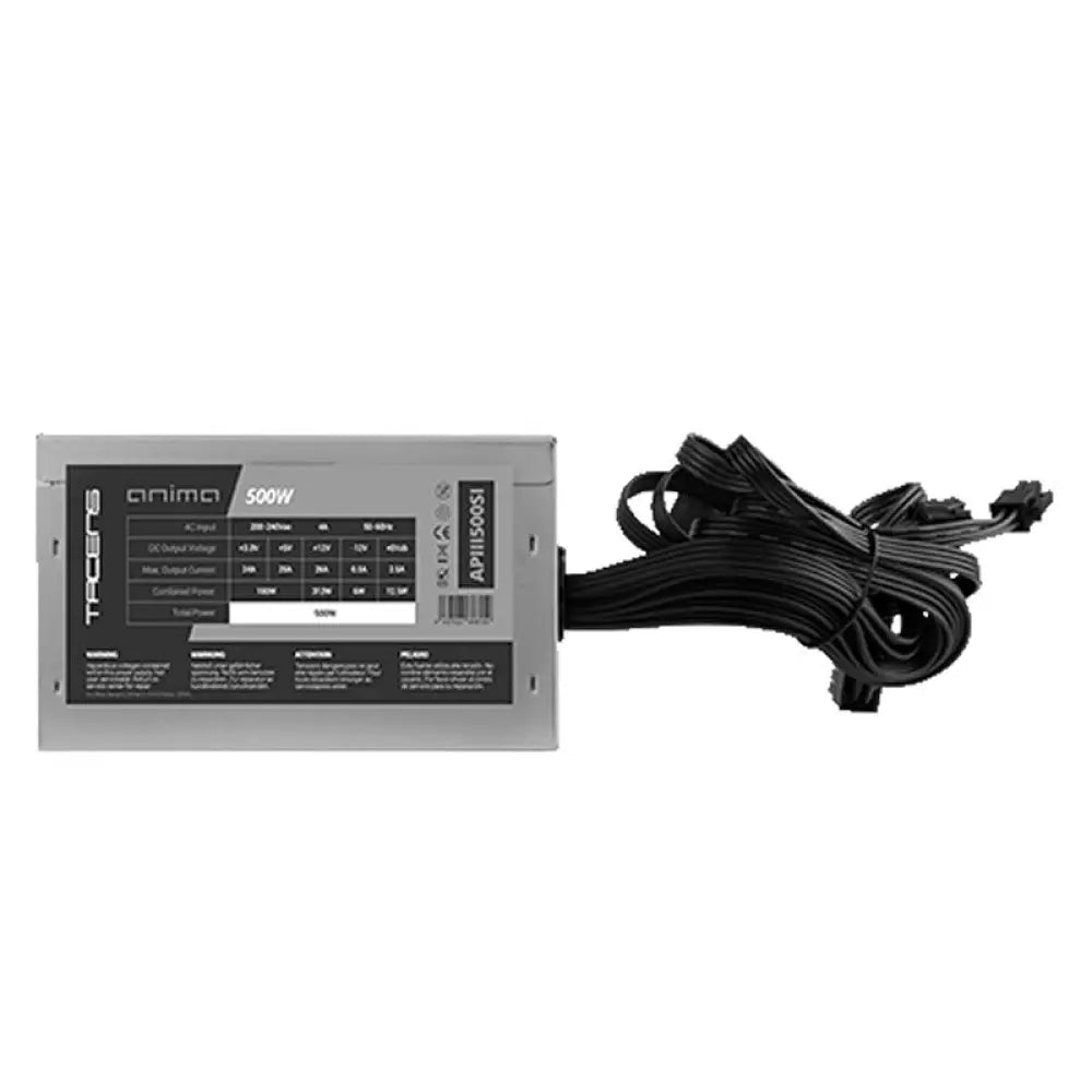 Fuente de alimentación TACENS ANIMA APIII500SI de 500W, eficiencia 85%, para PCs de 400-600W, vista de la unidad en caja.