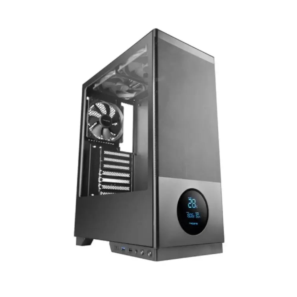 Caja ATX TACENS Ventis con ventiladores de 120mm negros para minitorre y microtorre, vista frontal con ventiladores encendidos.