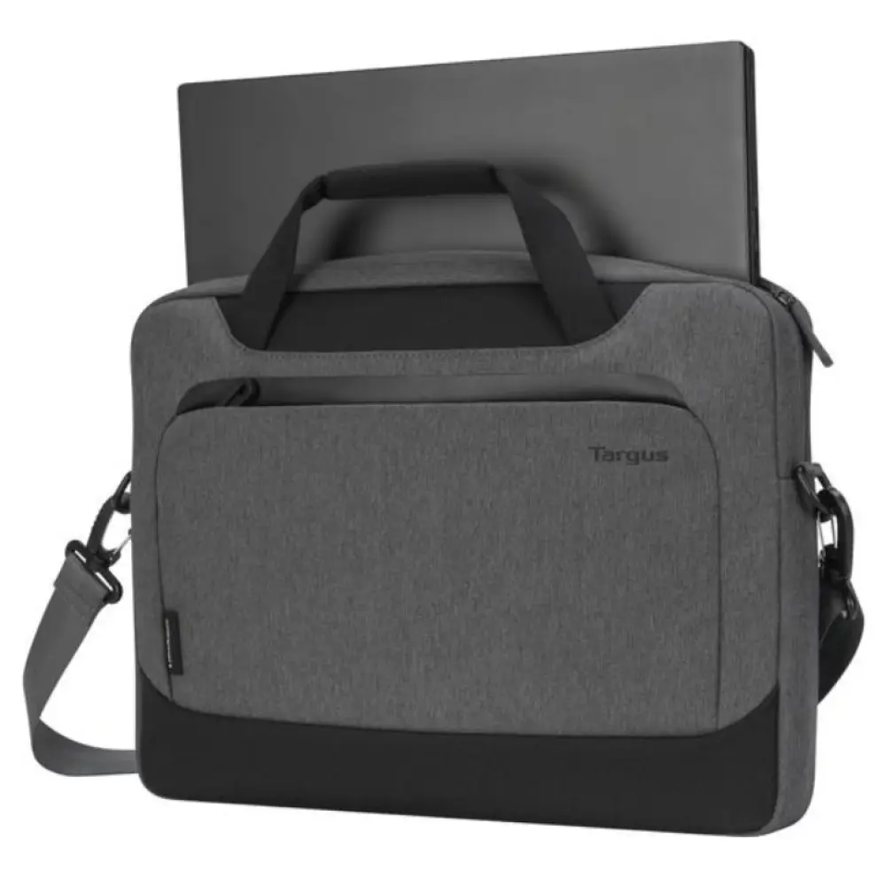 Maletín Targus Cypress EcoSmart para portátil de 15.6 pulgadas en color gris, con compartimentos y diseño resistente.