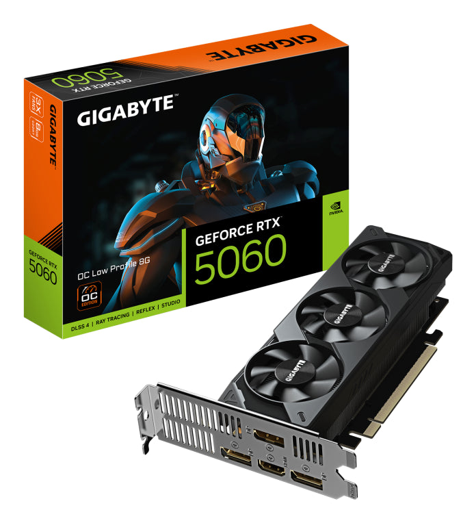 GIGABYTE GeForce RTX 5060 OC Low Profile 8G Tarjeta Gráfica - 8GB GDDR7. 128bit. PCI-E 5.0. 2512 MHz Frecuencia del núcleo. 3 x DisplayPort. 1 x HDMI. GV-N5060OC-8GL