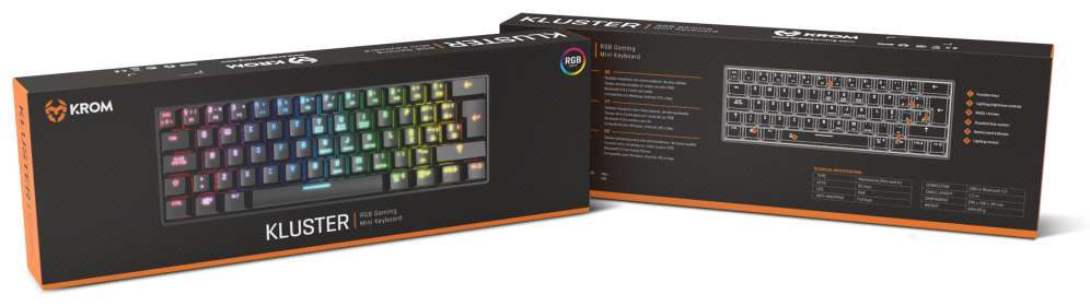 TECLADO MINI KROM GAMING KLUSTER BLUETOOTH RETROILUMINADO MECANICO NEGRO - detalle