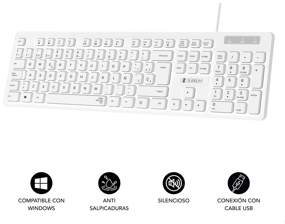 TECLADO SUBBLIM BUSINESS SLIM SILENCIOSO USB BLANCO - detalle
