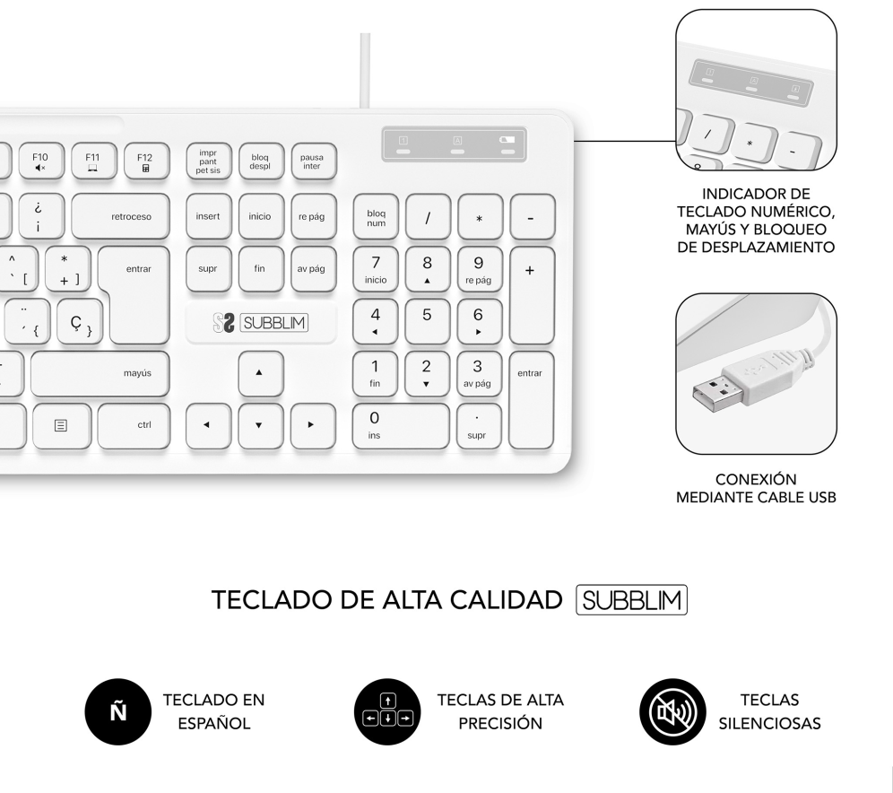 TECLADO SUBBLIM BUSINESS SLIM SILENCIOSO USB BLANCO - detalle