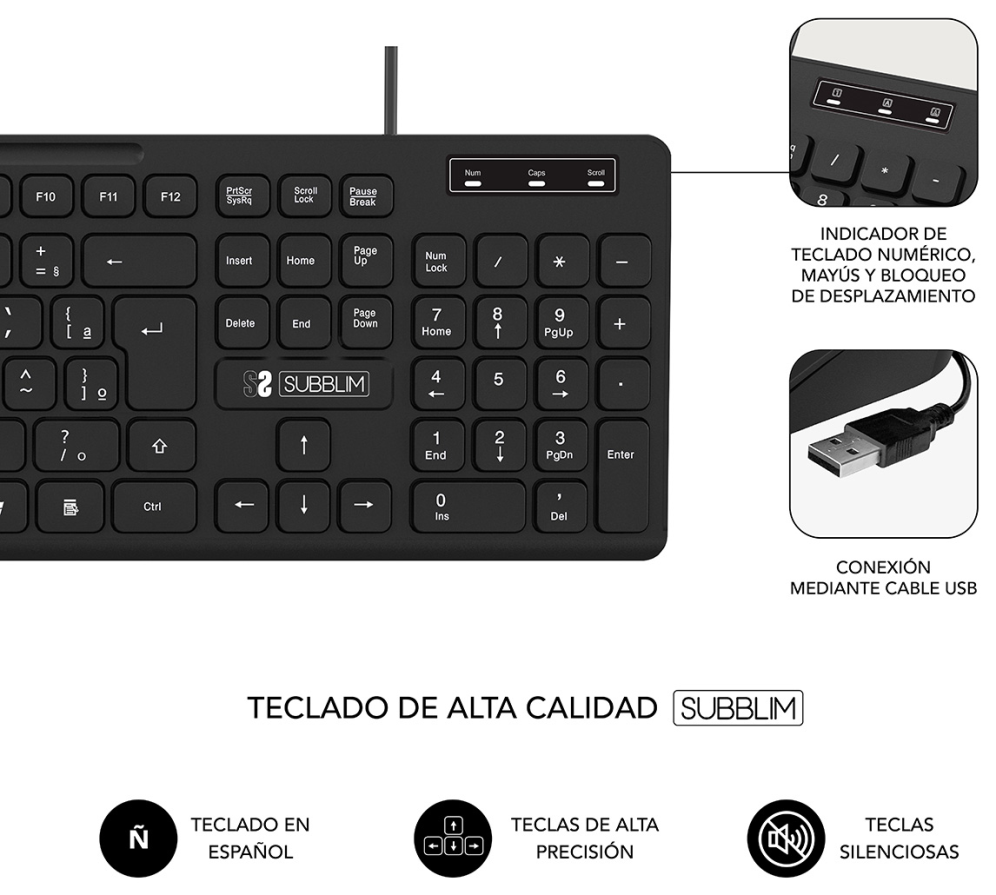 TECLADO SUBBLIM BUSINESS SLIM SILENCIOSO USB NEGRO - detalle