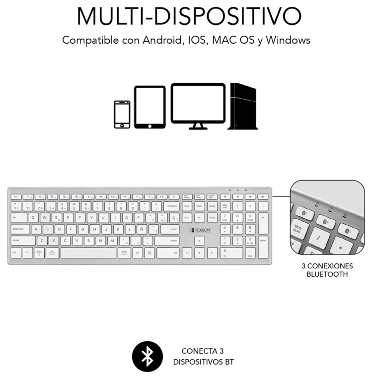 TECLADO SUBBLIM KEYBOARD BLUETOOTH PURE EXTENDED BLUETOOTH SILVER - detalle