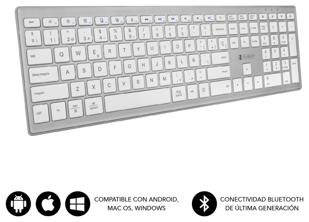 TECLADO SUBBLIM KEYBOARD BLUETOOTH PURE EXTENDED BLUETOOTH SILVER
