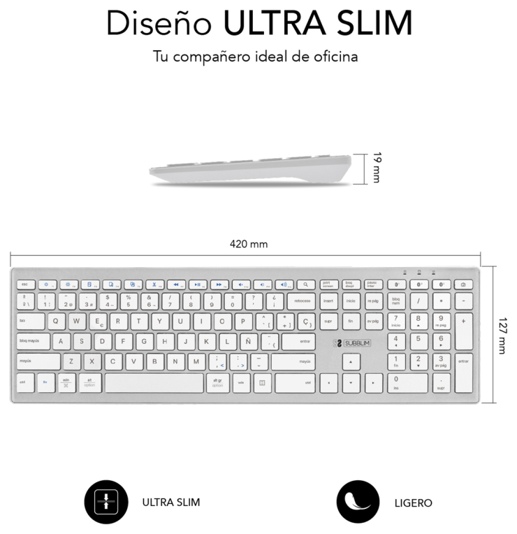 TECLADO SUBBLIM KEYBOARD BLUETOOTH PURE EXTENDED BLUETOOTH SILVER - detalle