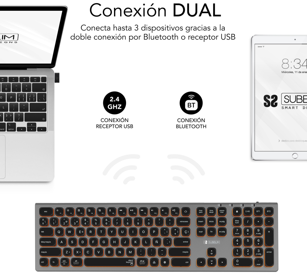 TECLADO SUBBLIM KEYBOARD MASTER BLUETOOTH RETROILUMINADO GREY/BLACK - detalle