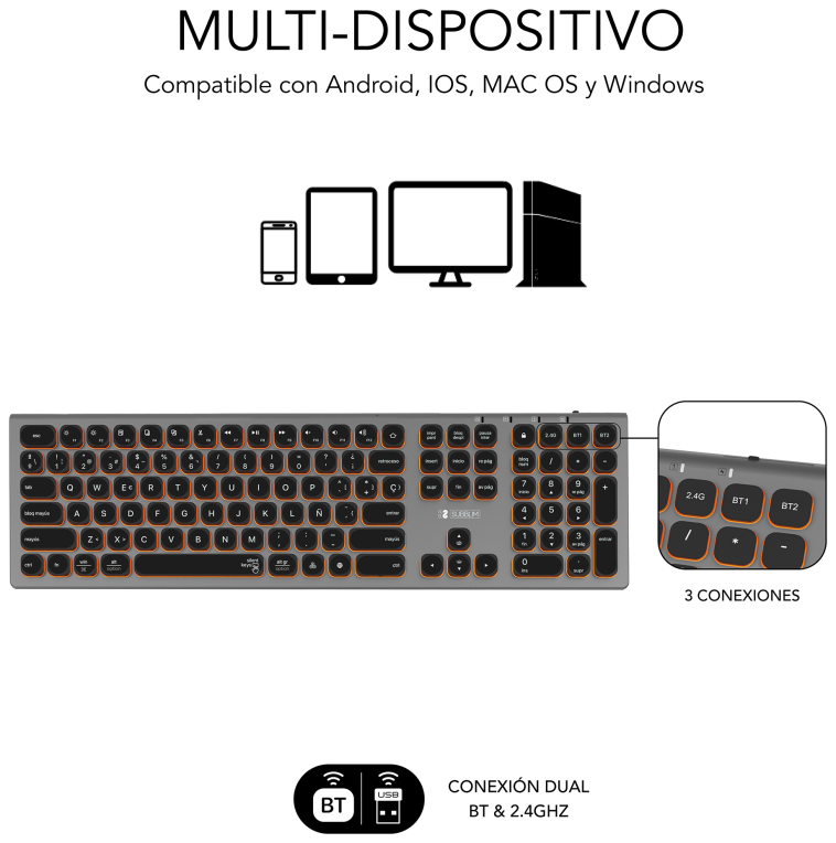 TECLADO SUBBLIM KEYBOARD MASTER BLUETOOTH RETROILUMINADO GREY/BLACK - detalle