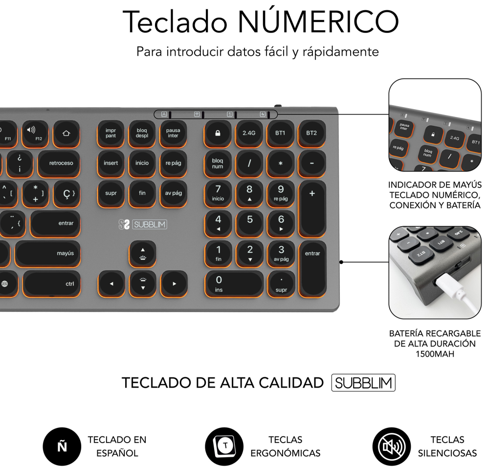 TECLADO SUBBLIM KEYBOARD MASTER BLUETOOTH RETROILUMINADO GREY/BLACK - detalle