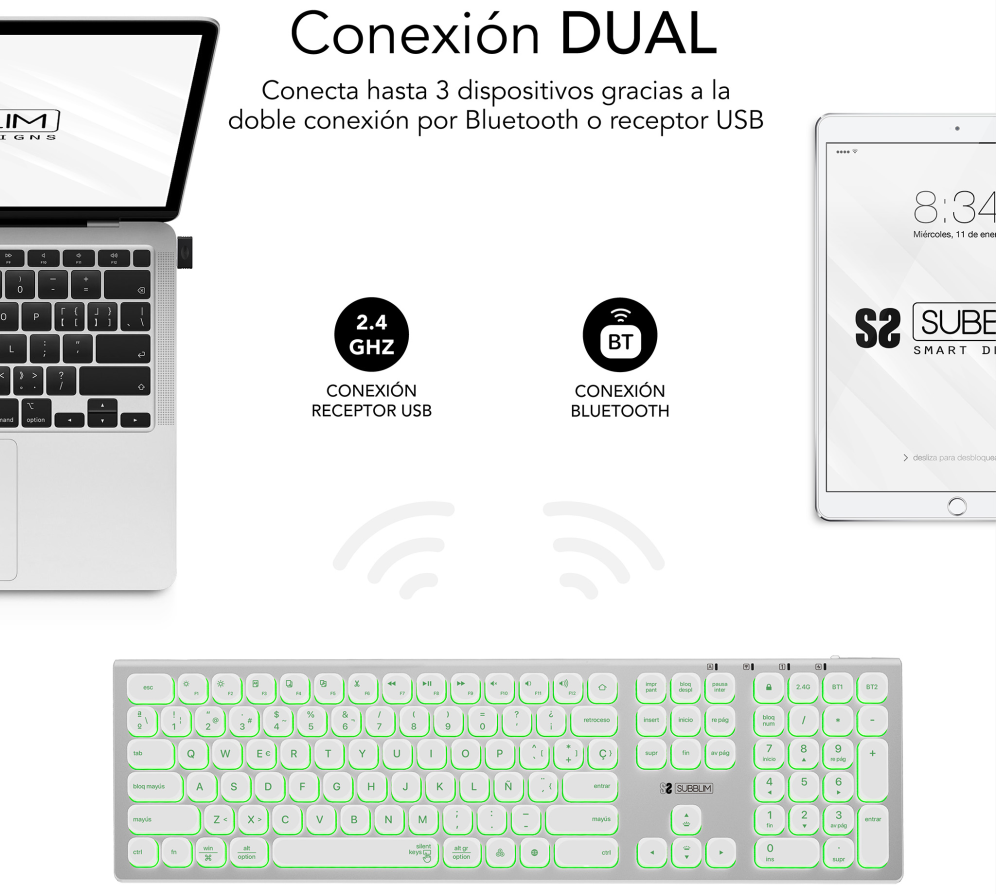 TECLADO SUBBLIM KEYBOARD MASTER BLUETOOTH RETROILUMINADO SILVER/BLACK - detalle