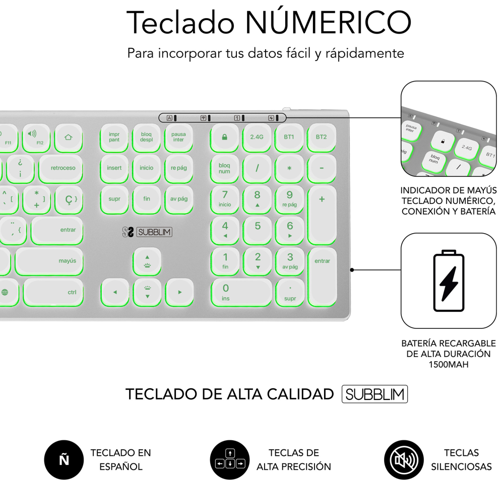 TECLADO SUBBLIM KEYBOARD MASTER BLUETOOTH RETROILUMINADO SILVER/BLACK - detalle