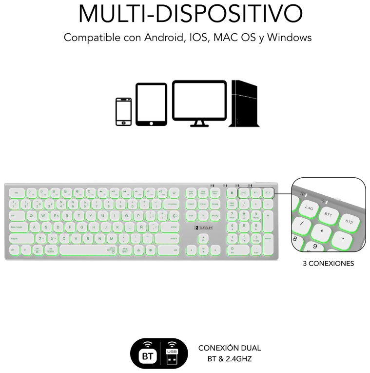 TECLADO SUBBLIM KEYBOARD MASTER BLUETOOTH RETROILUMINADO SILVER/BLACK - detalle