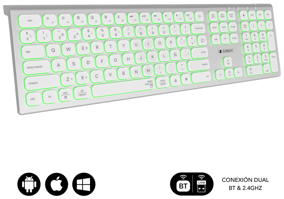 TECLADO SUBBLIM KEYBOARD MASTER BLUETOOTH RETROILUMINADO SILVER/BLACK - detalle