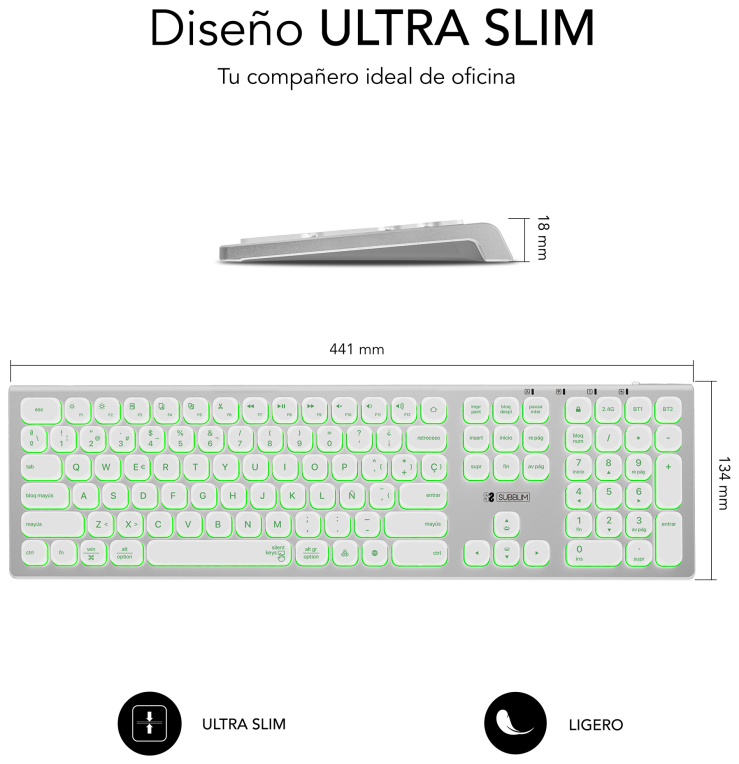 TECLADO SUBBLIM KEYBOARD MASTER BLUETOOTH RETROILUMINADO SILVER/BLACK - detalle