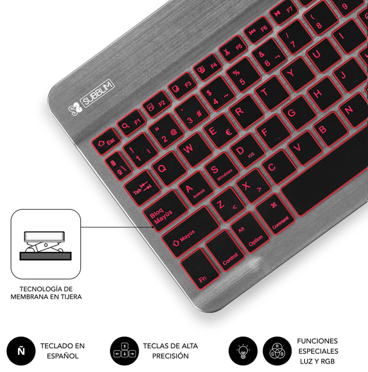 TECLADO SUBBLIM SMART BACKLIT BLUETOOTH RETROILUMINDO GRIS - detalle
