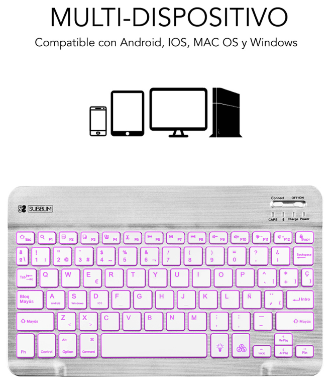 TECLADO SUBBLIM SMART BACKLIT BLUETOOTH RETROILUMINDO SILVER - detalle