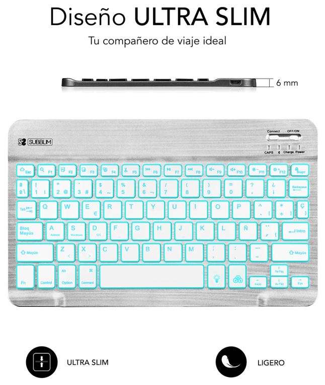 TECLADO SUBBLIM SMART BACKLIT BLUETOOTH RETROILUMINDO SILVER - detalle