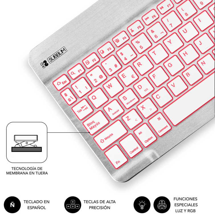 TECLADO SUBBLIM SMART BACKLIT BLUETOOTH RETROILUMINDO SILVER - detalle