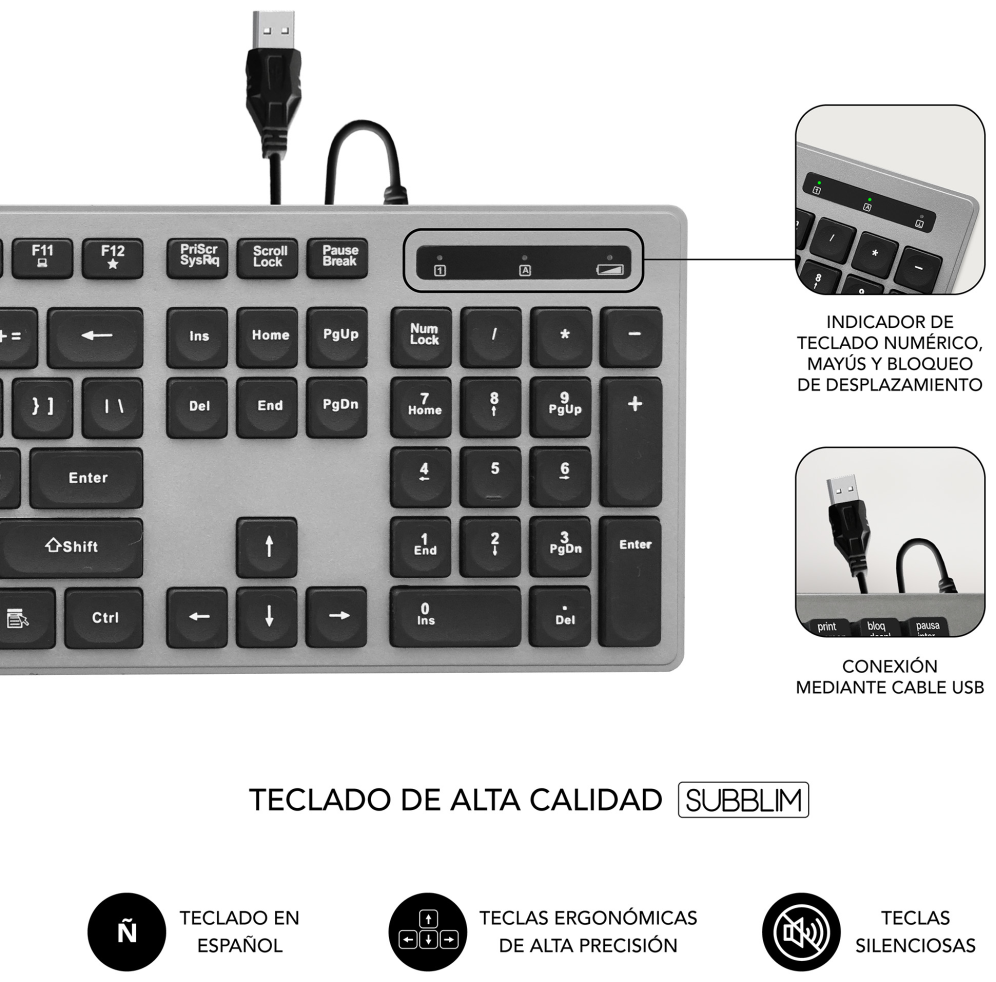 TECLADO SUBBLIM WIRED ERGO KEYS SILENT FLAT HQ USB GREY - detalle