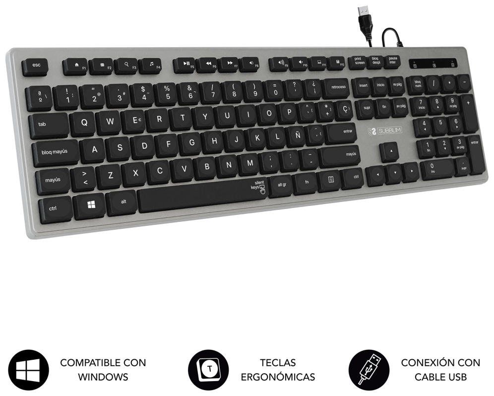 TECLADO SUBBLIM WIRED ERGO KEYS SILENT FLAT HQ USB GREY - detalle