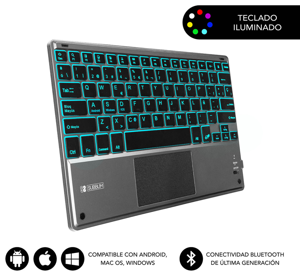 SUBBLIM Teclado Bluetooth Smart Backlit BT Keyboard Touchpad Grey