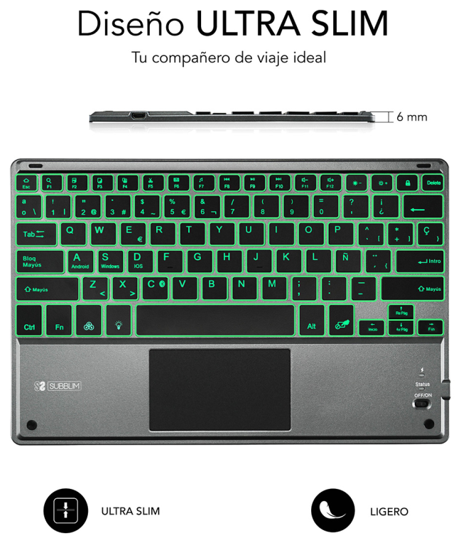 TECLADO TABLET SUBBLIM SMART BACKLIT BT KEYBOARD TOUCHPAD GREY - detalle
