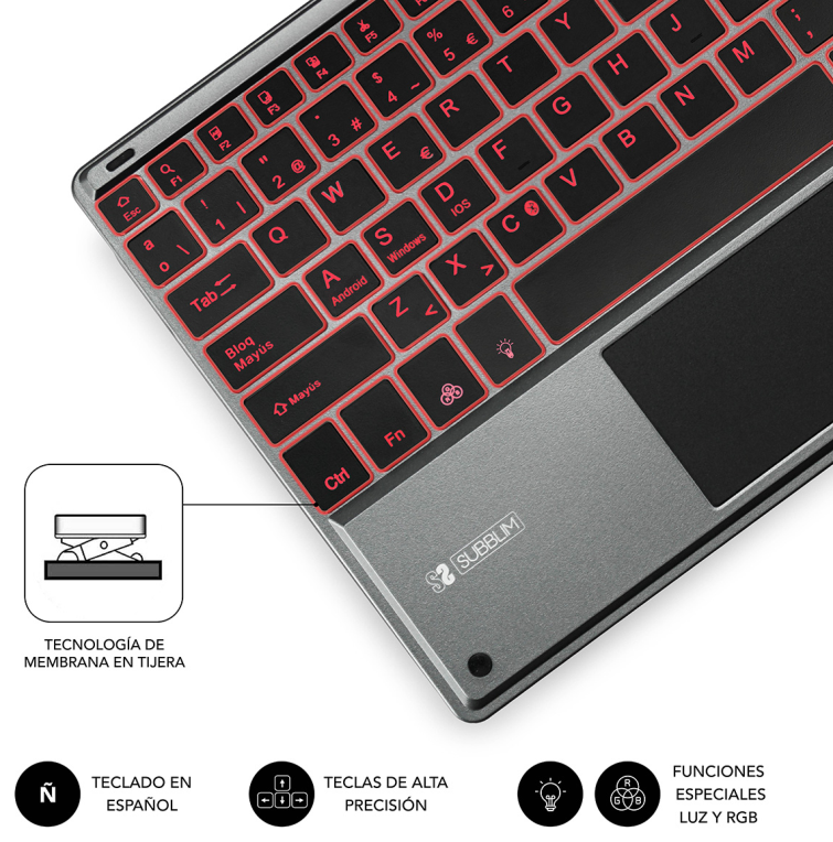 TECLADO TABLET SUBBLIM SMART BACKLIT BT KEYBOARD TOUCHPAD GREY - detalle
