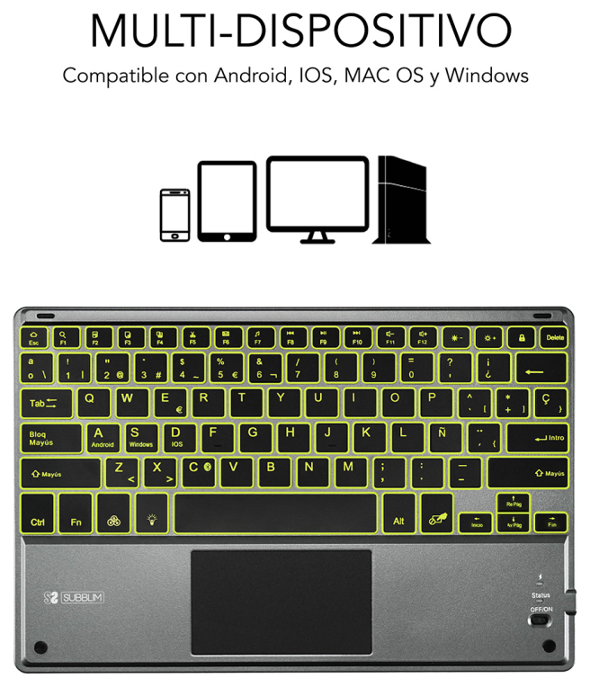 TECLADO TABLET SUBBLIM SMART BACKLIT BT KEYBOARD TOUCHPAD GREY - detalle
