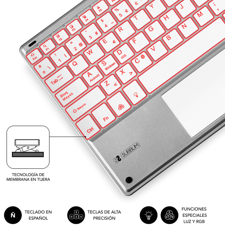 TECLADO TABLET SUBBLIM SMART BACKLIT BT KEYBOARD TOUCHPAD SILVER - detalle