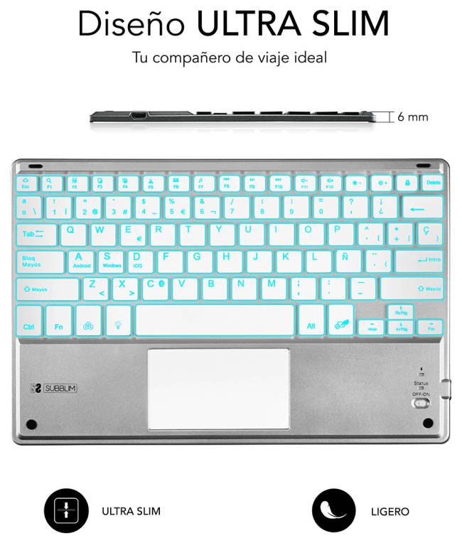 TECLADO TABLET SUBBLIM SMART BACKLIT BT KEYBOARD TOUCHPAD SILVER - detalle