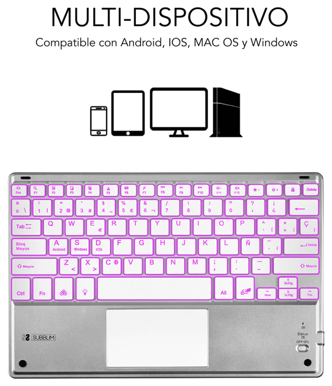 TECLADO TABLET SUBBLIM SMART BACKLIT BT KEYBOARD TOUCHPAD SILVER - detalle