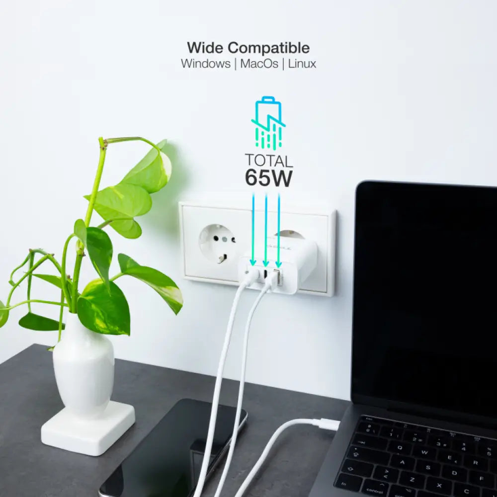 TooQ Cargador de Pared GaN 2USB-C/PD + USB-A/QC 65W. Blanco - detalle