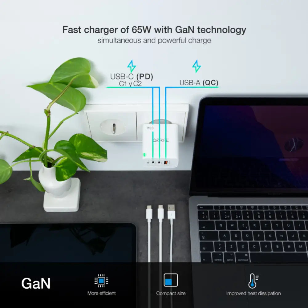TooQ Cargador de Pared GaN 2USB-C/PD + USB-A/QC 65W. Blanco - detalle